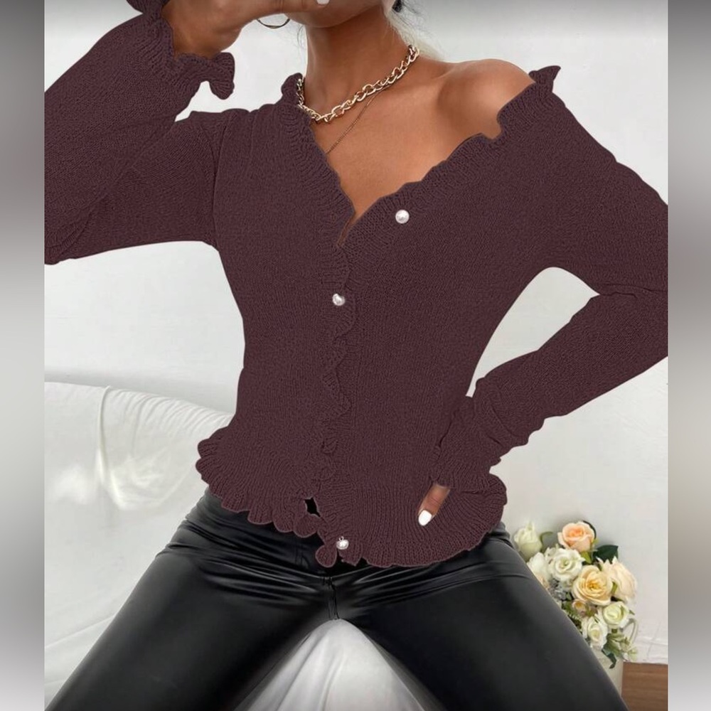 Brown Ruffled Button-Up Sweater - Picture 4 of 5